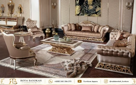 Desain Kursi Tamu Mewah Neo Classical Palace Style Emas Beige