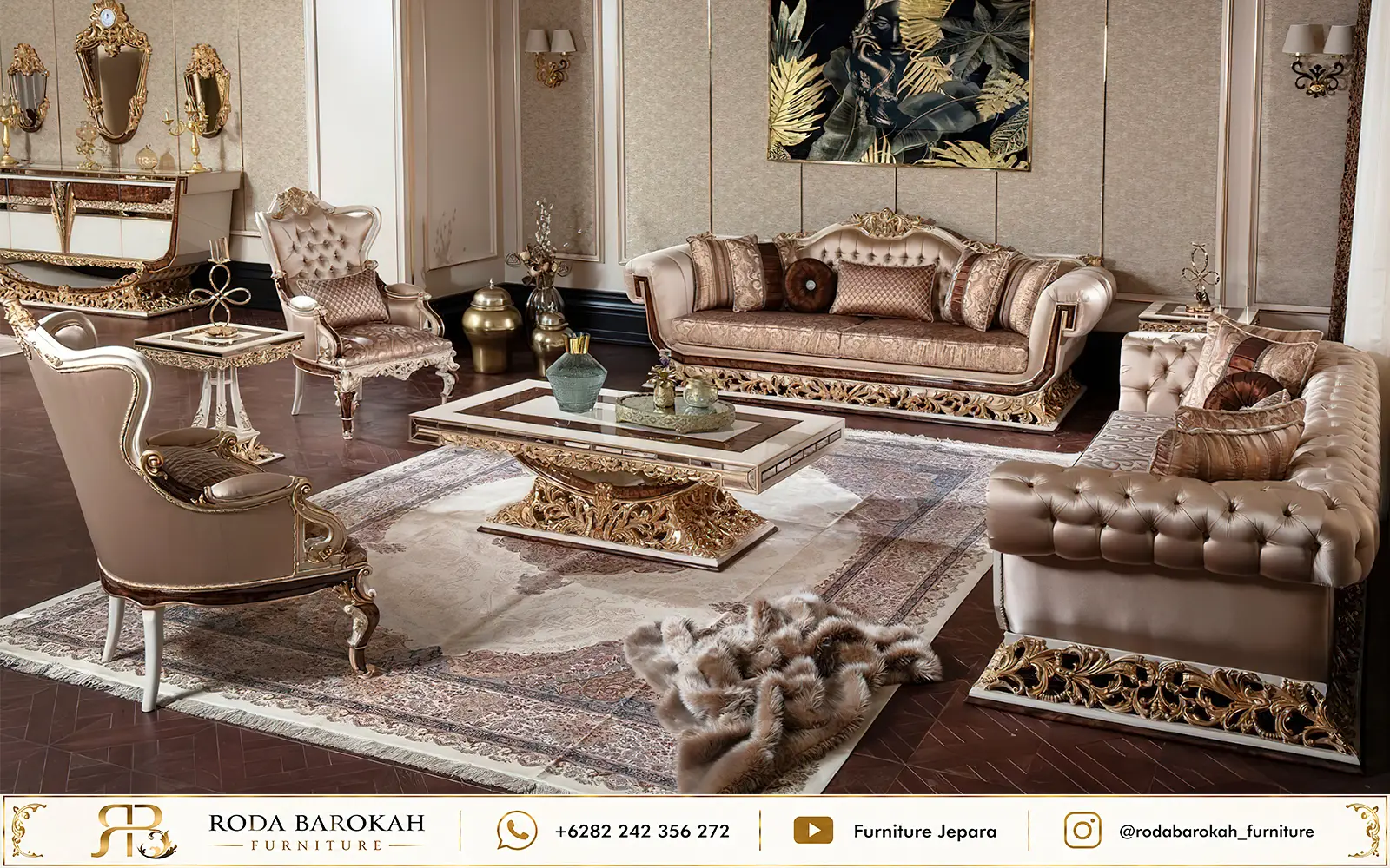 Desain Kursi Tamu Mewah Neo Classical Palace Style Emas Beige
