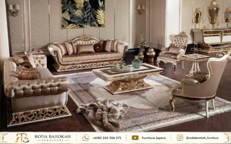 Desain Kursi Tamu Mewah Neo Classical Palace Style Emas Beige