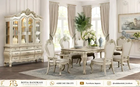 Jual Meja Makan Mewah Ukir Klasik French Style Gold Accent