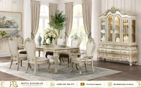 Jual Meja Makan Mewah Ukir Klasik French Style Gold Accent