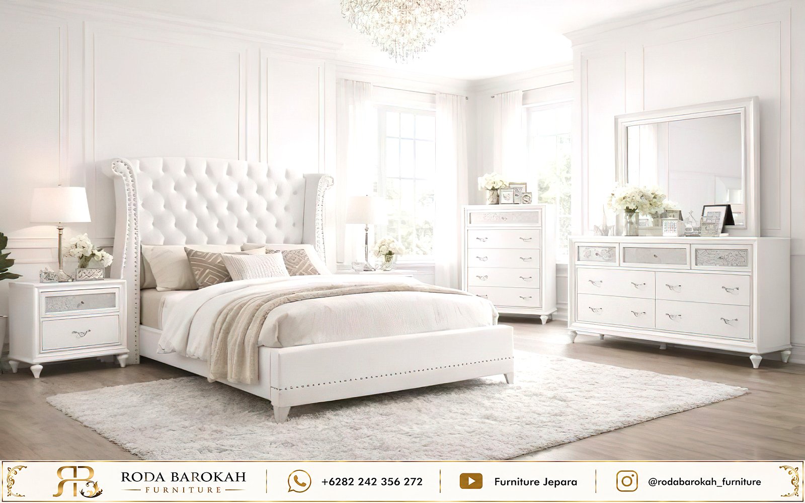 Jual Set Kamar Tidur Minimalis Mewah White Glam Jepara