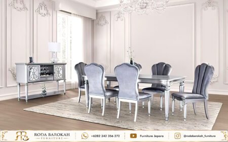 Jual Set Meja Makan Mewah Ukir Jepara Warna Silver Beludru