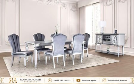 Jual Set Meja Makan Mewah Ukir Jepara Warna Silver Beludru