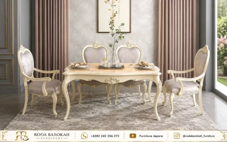 Meja Makan Ukir Mewah French Provincial Nuansa Soft Vintage