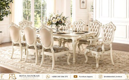 Set Meja Makan Klasik Eropa Mewah Warna Ivory White Ukir Jepara