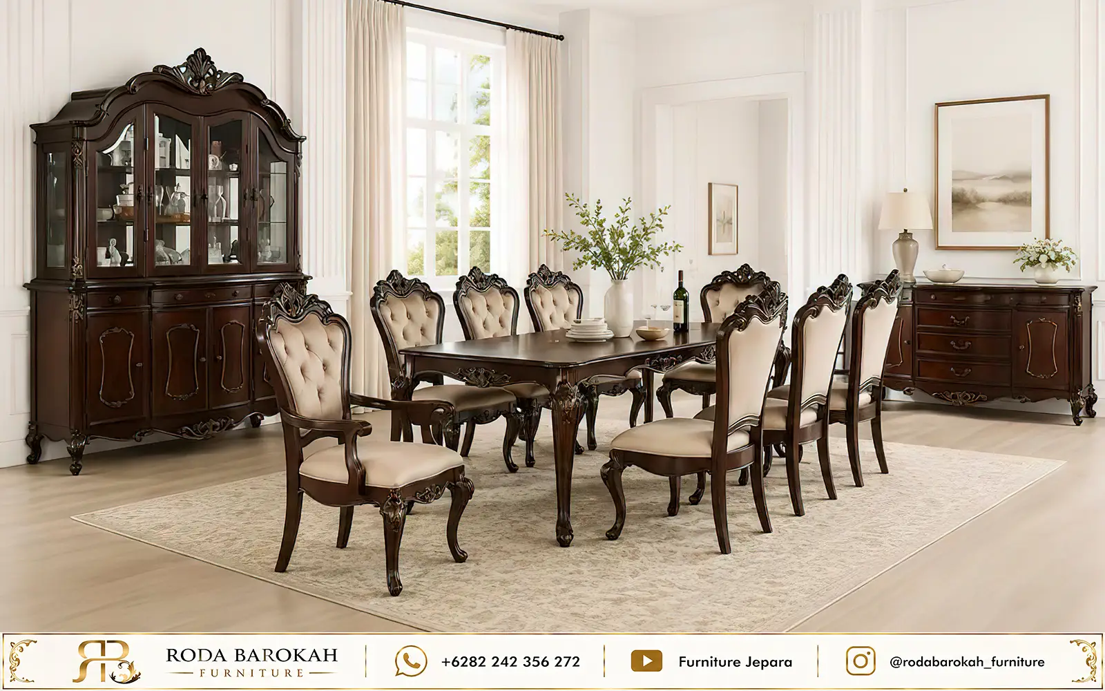 Set Meja Makan Mewah 8 Kursi Kayu Jati Finishing Natural