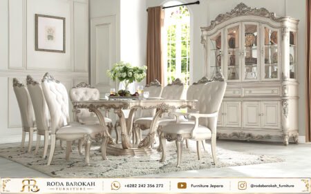 Set Meja Makan Mewah 8 Kursi Warna Putih Duco Ukir
