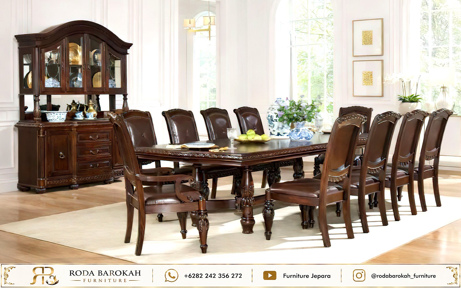 Set Meja Makan Mewah Kayu Jati Ukiran Gaya European Traditional