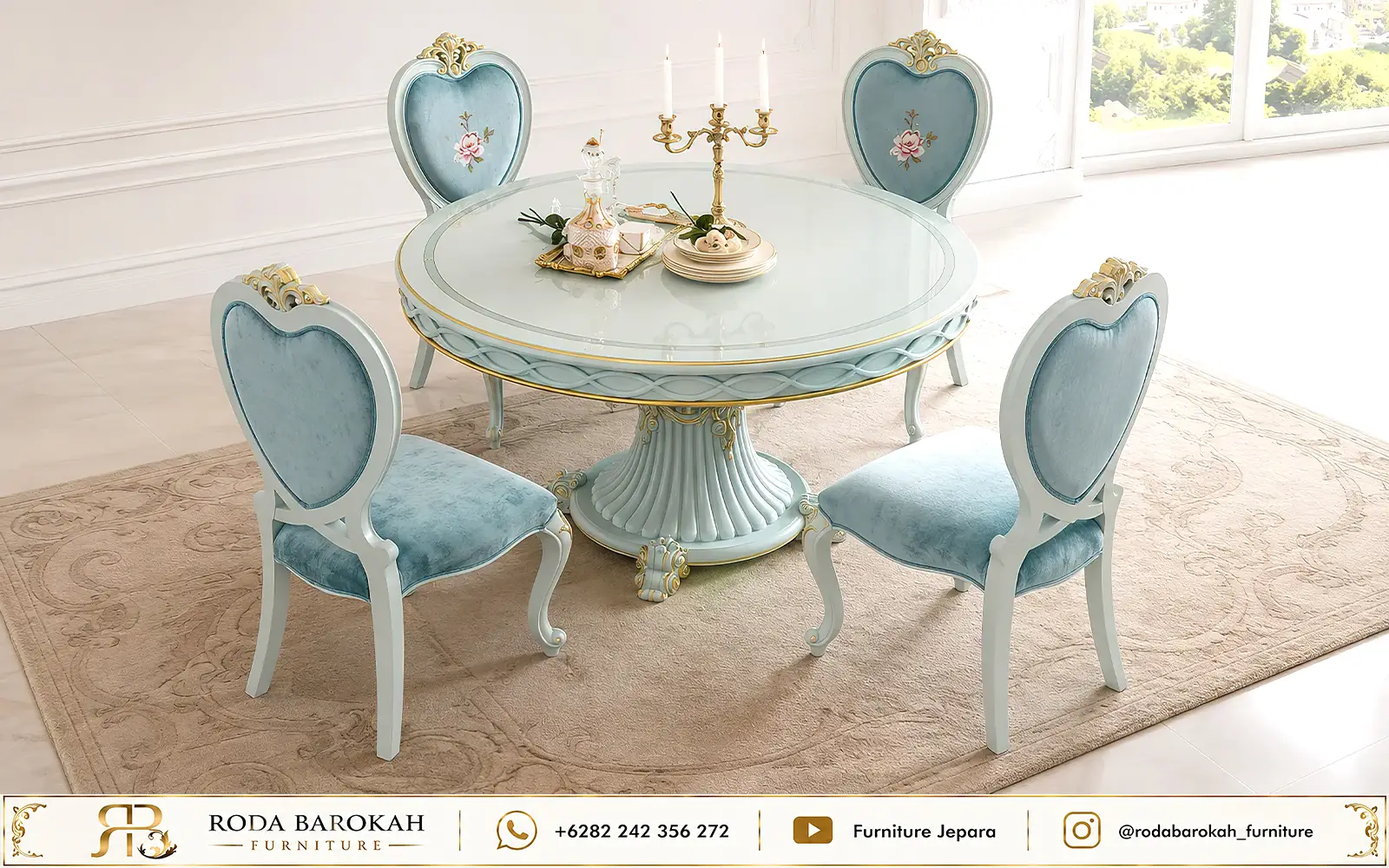 Set Meja Makan Mewah Shabby Bundar Ukir Romantic Series