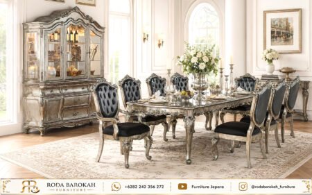 Set Meja Makan Mewah Silver Antik Jok Hitam Ukiran