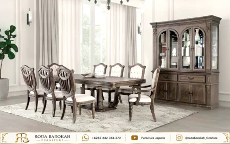 Set Meja Makan Ukir Kayu Jati Klasik Vintage 8 Kursi