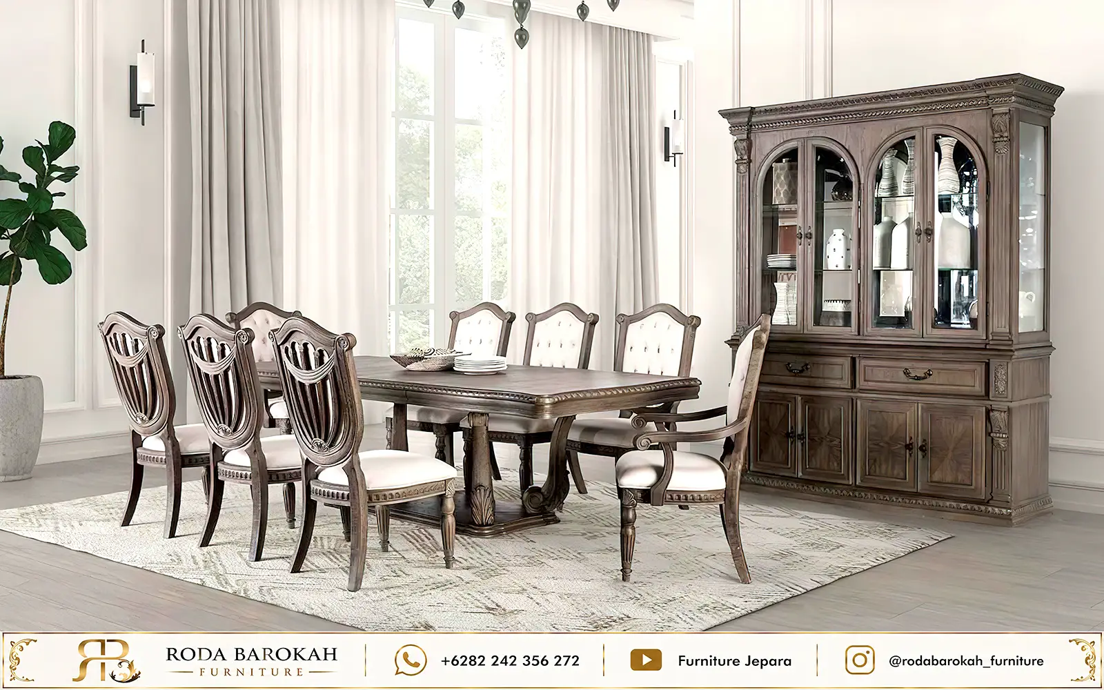 Set Meja Makan Ukir Kayu Jati Klasik Vintage 8 Kursi