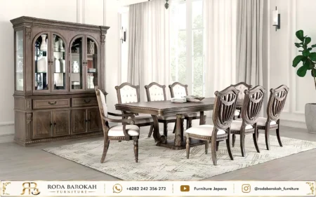 Set Meja Makan Ukir Kayu Jati Klasik Vintage 8 Kursi