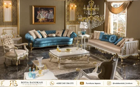 Set Sofa Tamu Ukir Jepara Ocean Blue Velvet Dan Meja Marmer