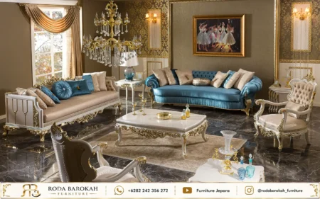 Set Sofa Tamu Ukir Jepara Ocean Blue Velvet Dan Meja Marmer