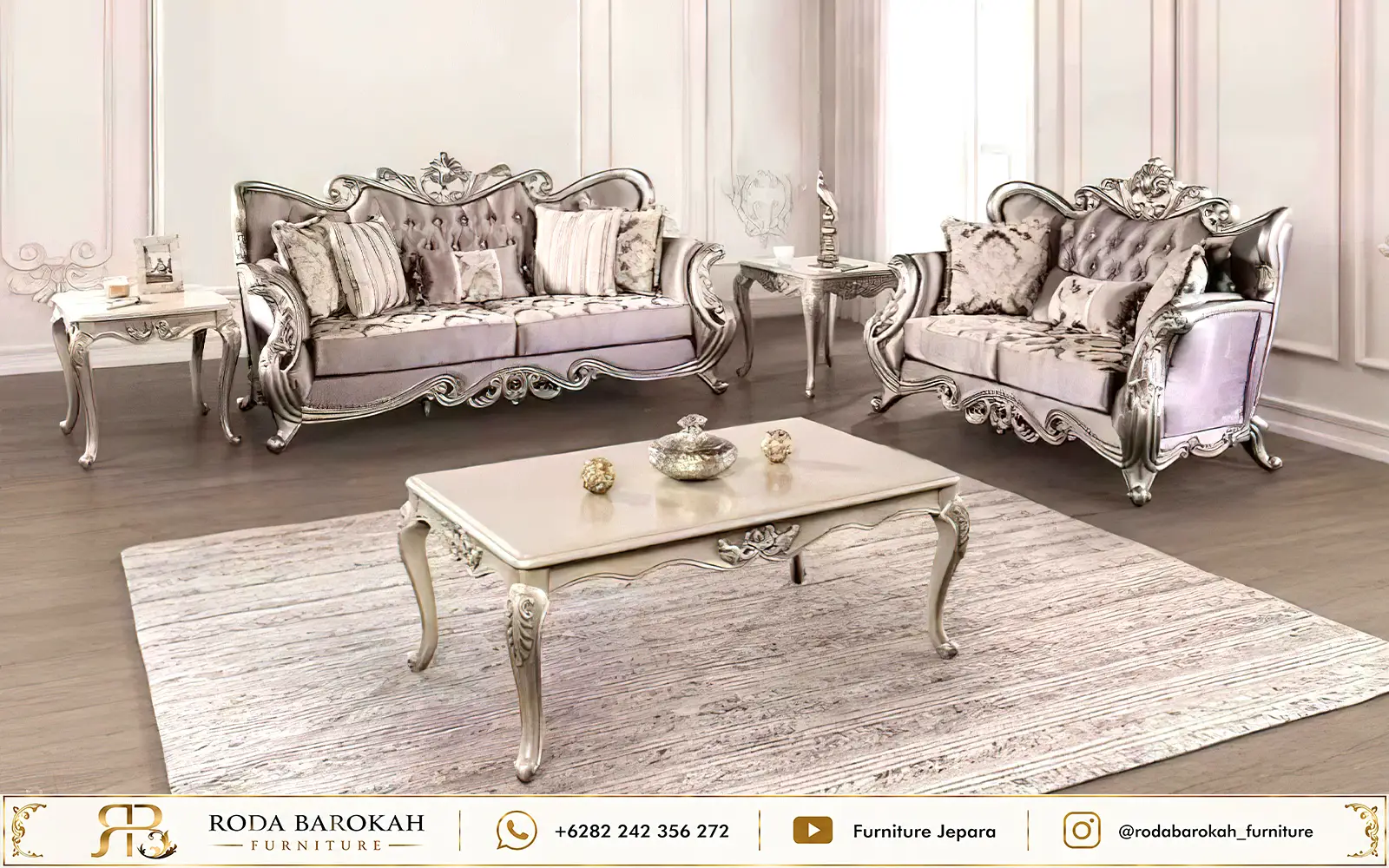 Set Sofa Tamu Ukir Mewah Jepara Silver Leaf Italian Klasik