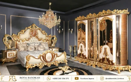 Set Tempat Tidur Mewah King Size Gaya Imperial Full Prada Emas