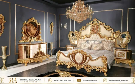 Set Tempat Tidur Mewah King Size Gaya Imperial Full Prada Emas