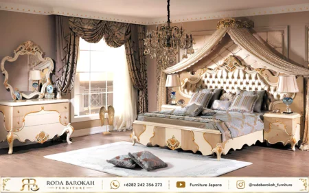 Desain Kamar Tidur Mewah Ukiran Duco Krem Gold