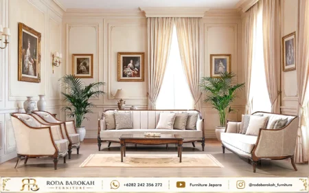 Desain Ruang Tamu Klasik Modern Cream Soft Fabric