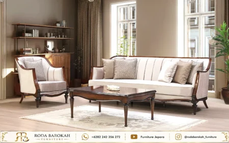 Desain Ruang Tamu Klasik Modern Cream Soft Fabric