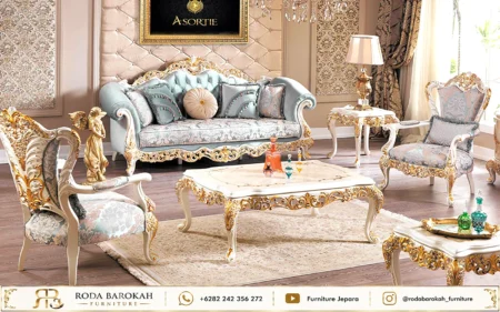 Desain Ruang Tamu Ukiran Klasik Mewah Gold Duco