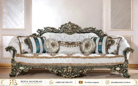 Desain Ruang Tamu Ukiran Klasik Mewah Green Silver