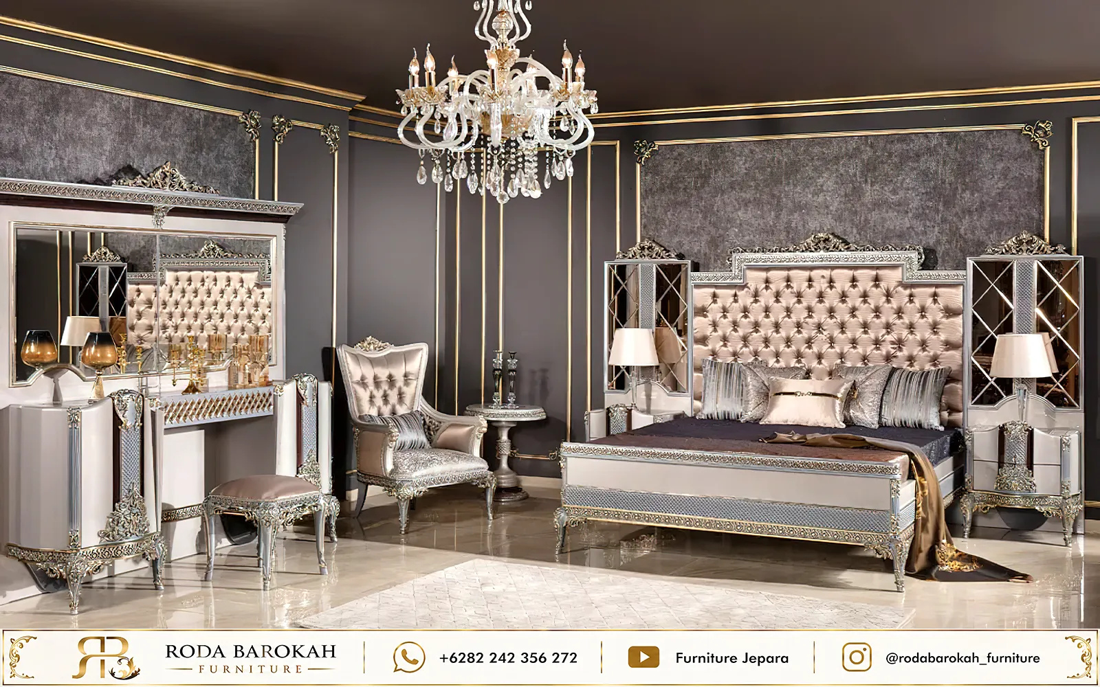 Desain Set Kamar Utama Ukiran Mewah Pearl Silver Klasik