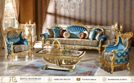 Desain Sofa Tamu Mewah Klasik Ukiran Emas Beludru Biru