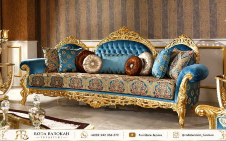 Desain Sofa Tamu Mewah Klasik Ukiran Emas Beludru Biru