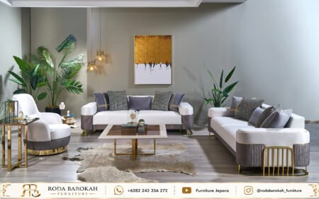 Desain Sofa Tamu Modern Minimalis Kaki Stainless Gold Jepara