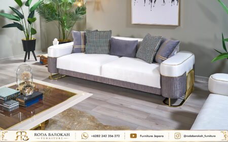 Desain Sofa Tamu Modern Minimalis Kaki Stainless Gold Jepara