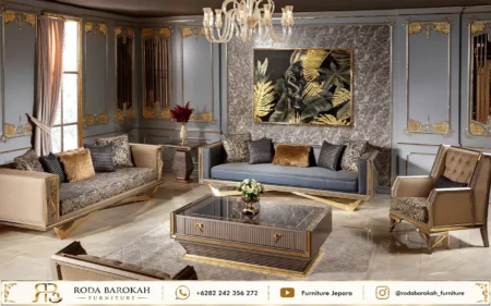 New Sofa Tamu Modern Mewah Nuansa Metallic Grey Gold