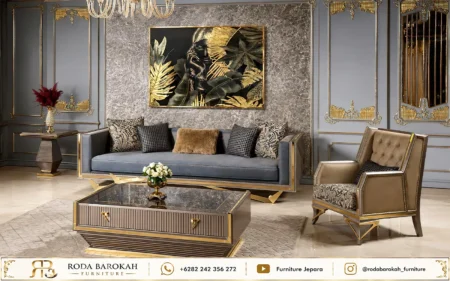 New Sofa Tamu Modern Mewah Nuansa Metallic Grey Gold