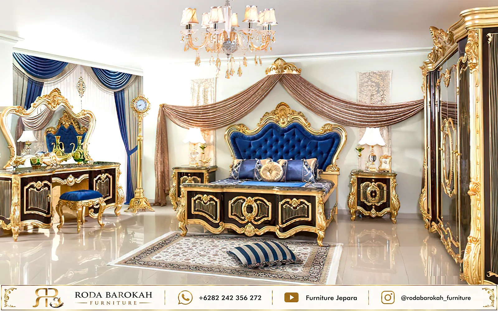 Set Kamar Tidur Ukir Sultan Navy Gold Mewah