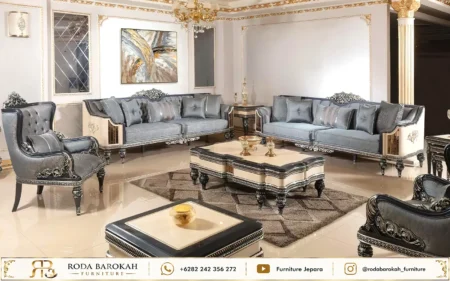 Set Kursi Ukir Sultan Mewah Metallic Grey Ivory Frame