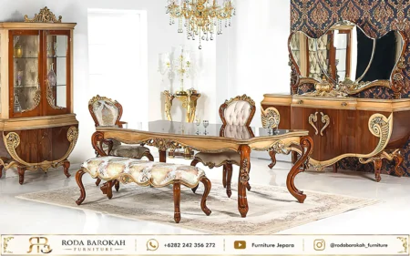 Set Meja Makan Ukir Jati Klasik Walnut Gold Mewah