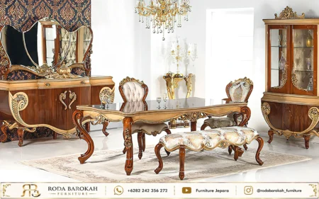 Set Meja Makan Ukir Jati Klasik Walnut Gold Mewah
