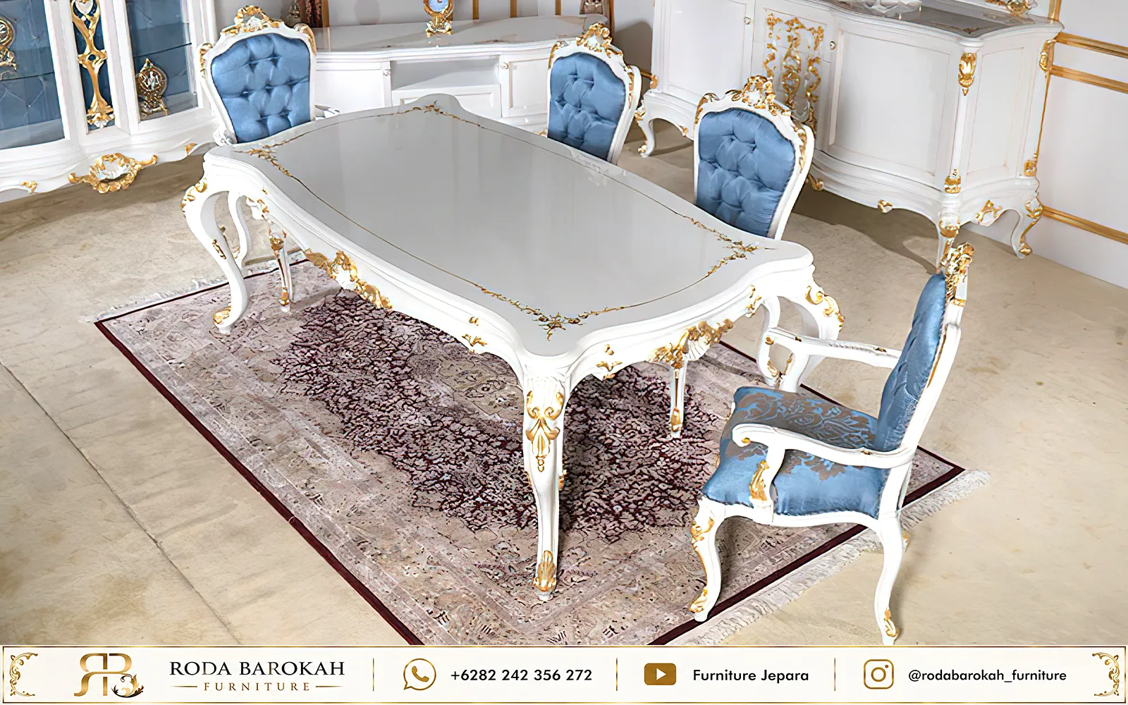 Set Meja Makan Ukir Jepara Mewah Nuansa Royal Blue