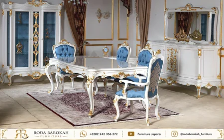 Set Meja Makan Ukir Jepara Mewah Nuansa Royal Blue