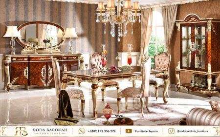 Set Meja Makan Ukir Jepara Mewah Nuansa Royal Gold