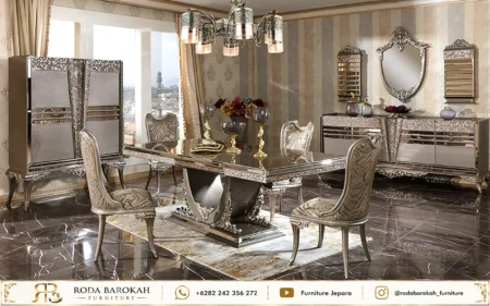 Set Meja Makan Ukir Sultan Silver Chrome Mewah