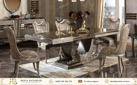 Set Meja Makan Ukir Sultan Silver Chrome Mewah