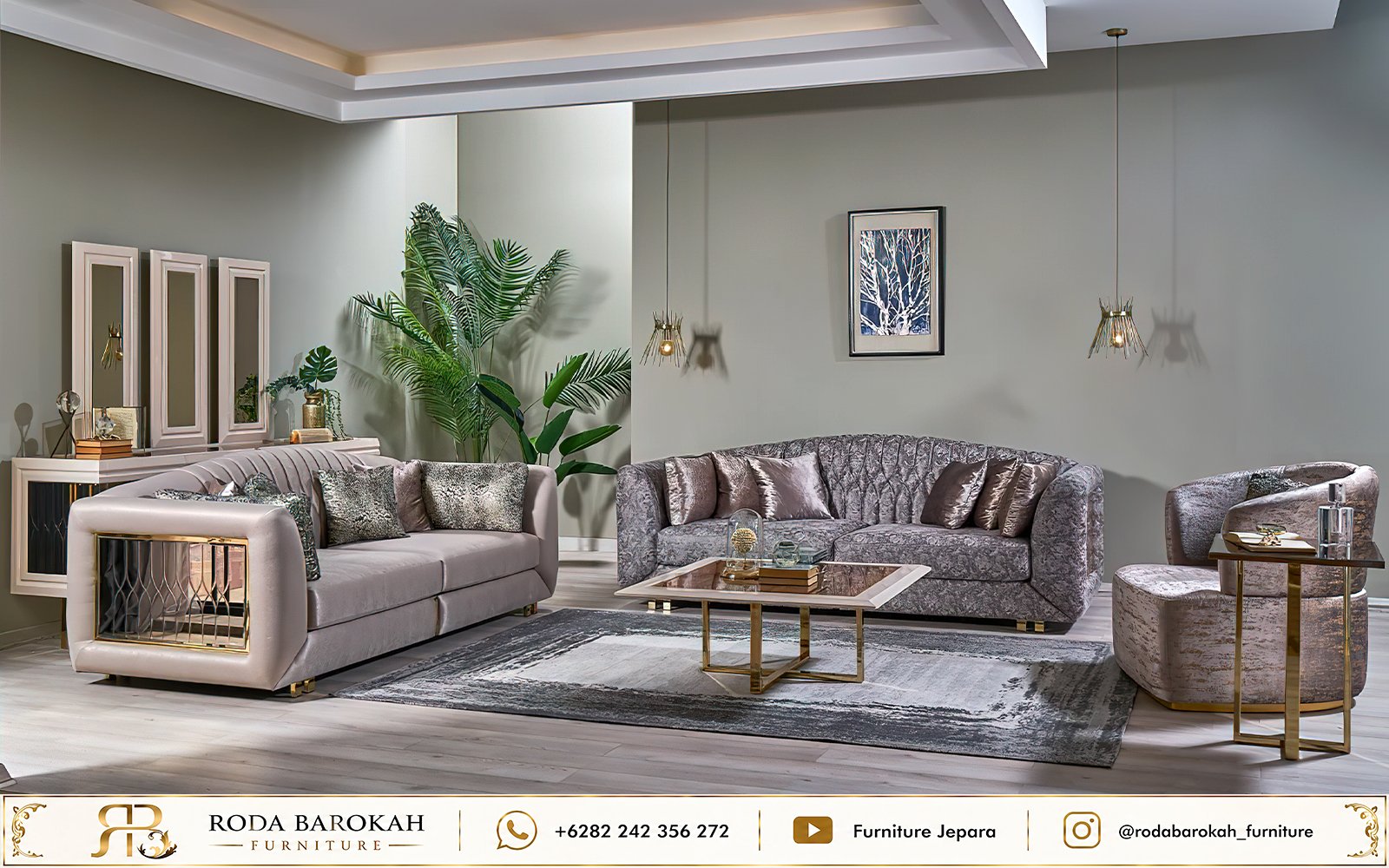 Set Sofa Tamu Mewah Modern Luxury Warna Greige Gold