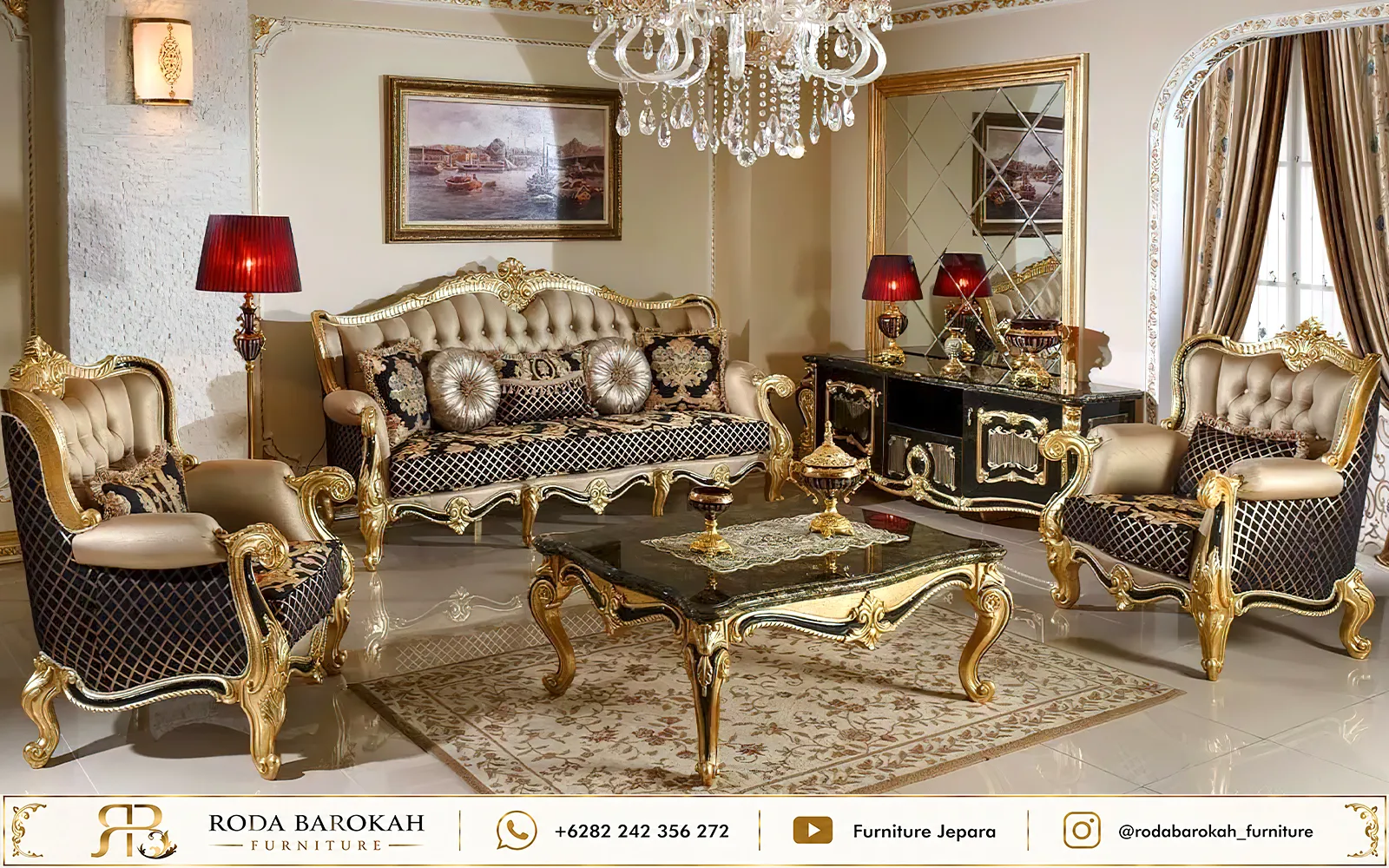 Set Sofa Tamu Ukir Sultan Black Gold Mewah Royal
