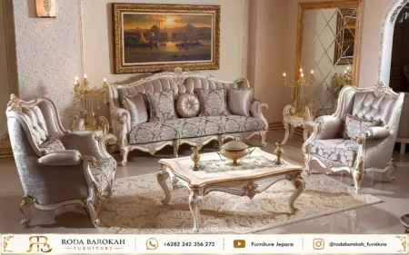 Set Sofa Tamu Ukir Sultan Klasik Gold Mewah Soft Beige