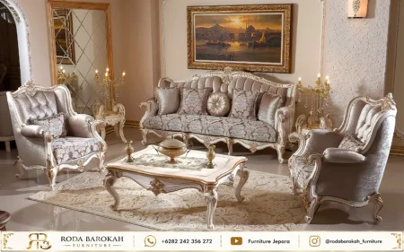 Set Sofa Tamu Ukir Sultan Klasik Gold Mewah Soft Beige