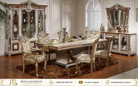 Desain Meja Makan Pedestal Mewah Ukir Lengkap Lemari Hias