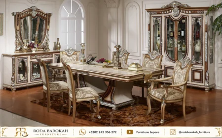Desain Meja Makan Pedestal Mewah Ukir Lengkap Lemari Hias